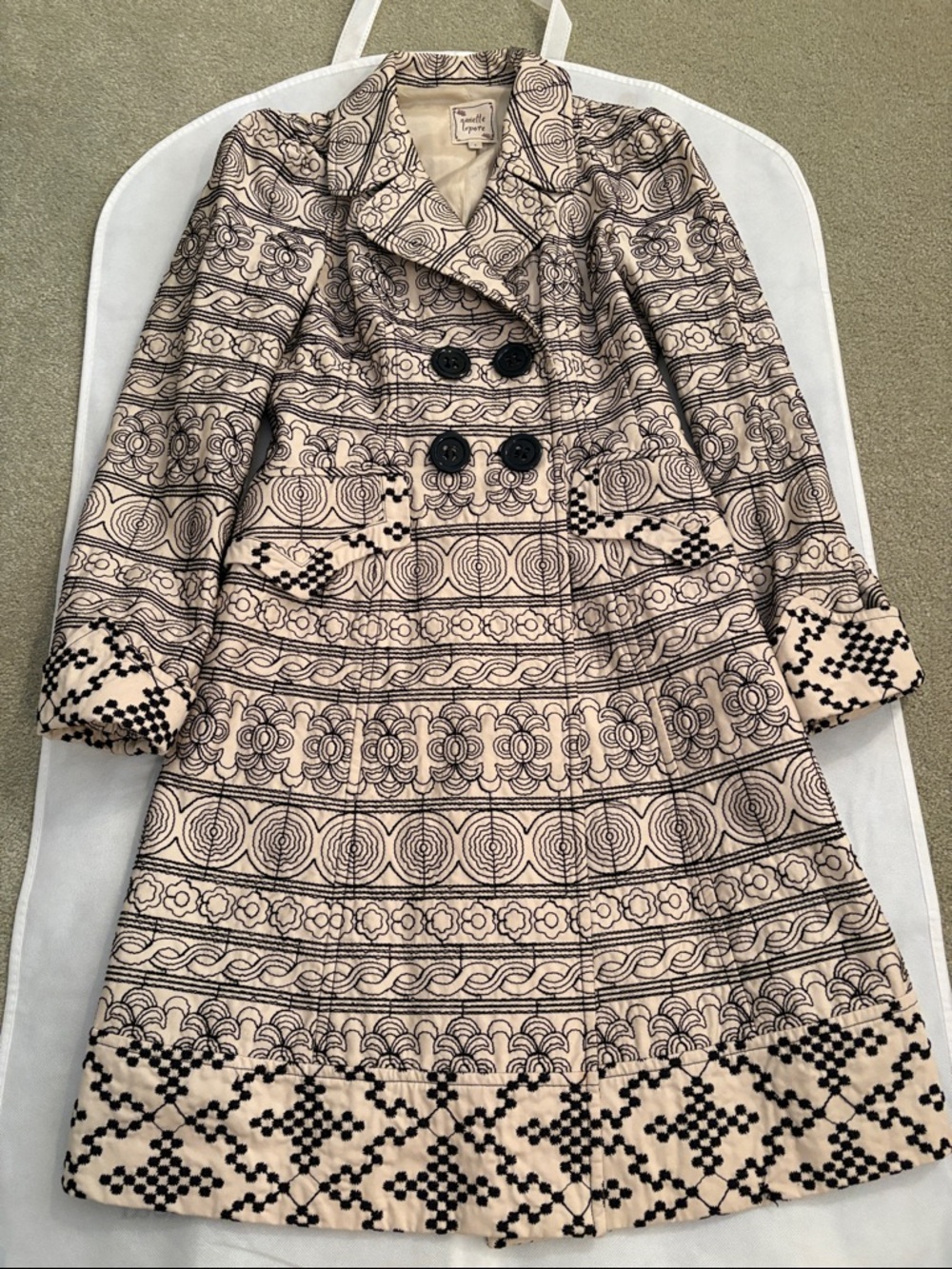 Nanette Lepore Black and Cream Patterned Double-Breasted Coat size 2